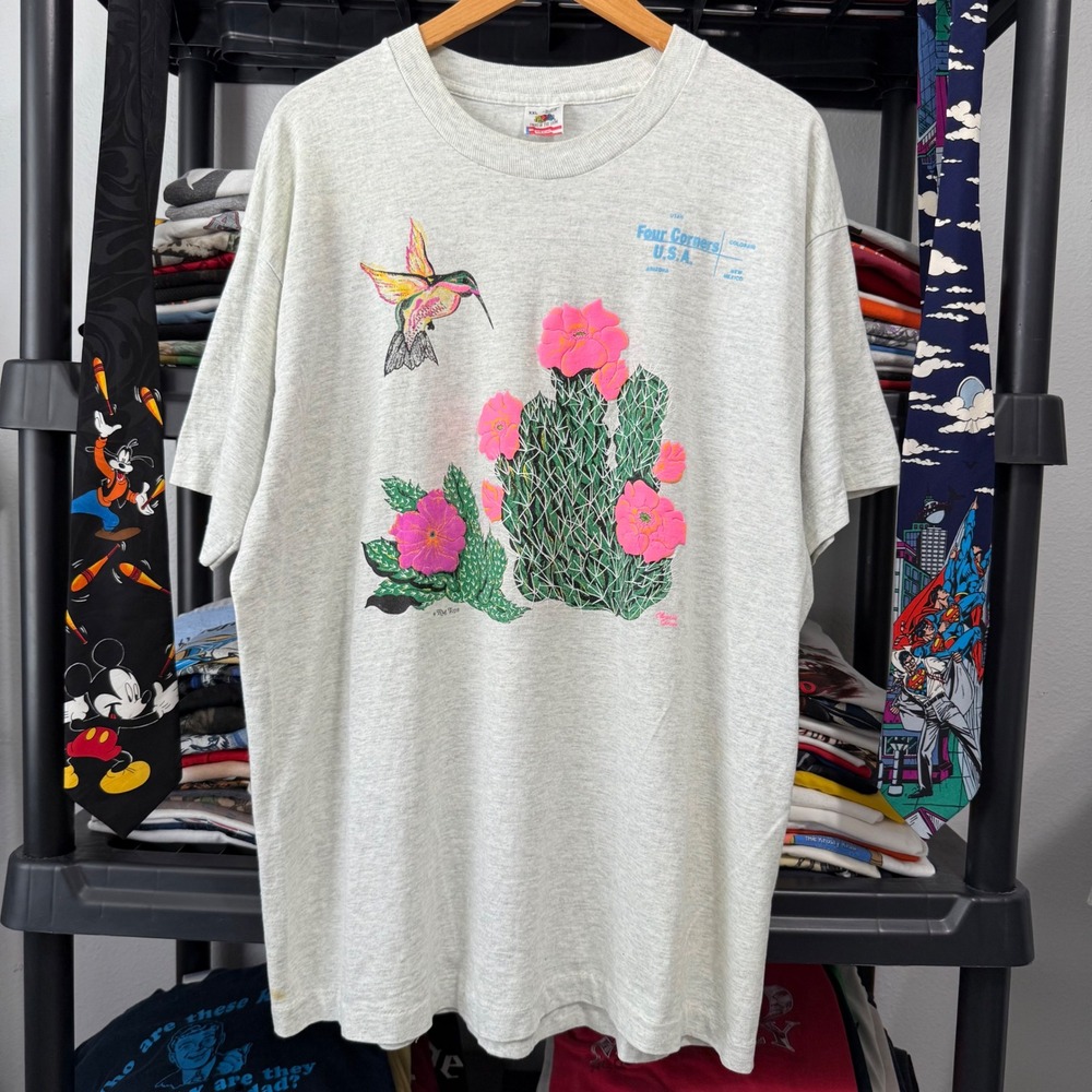 Vintage Grey Four Corners USA Cactus Hummingbird Puff Print Tee XXL Light Marks